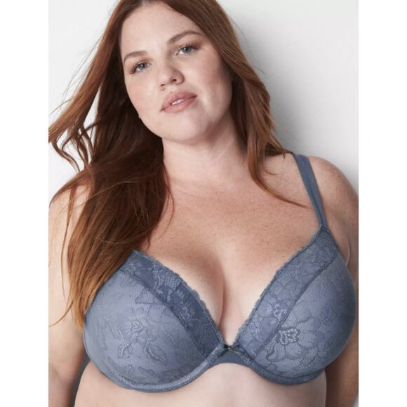Cacique Other - CACIQUE Smooth Boost Plunge Bra with Lace in Grisaille Blue - Plus Size 46B